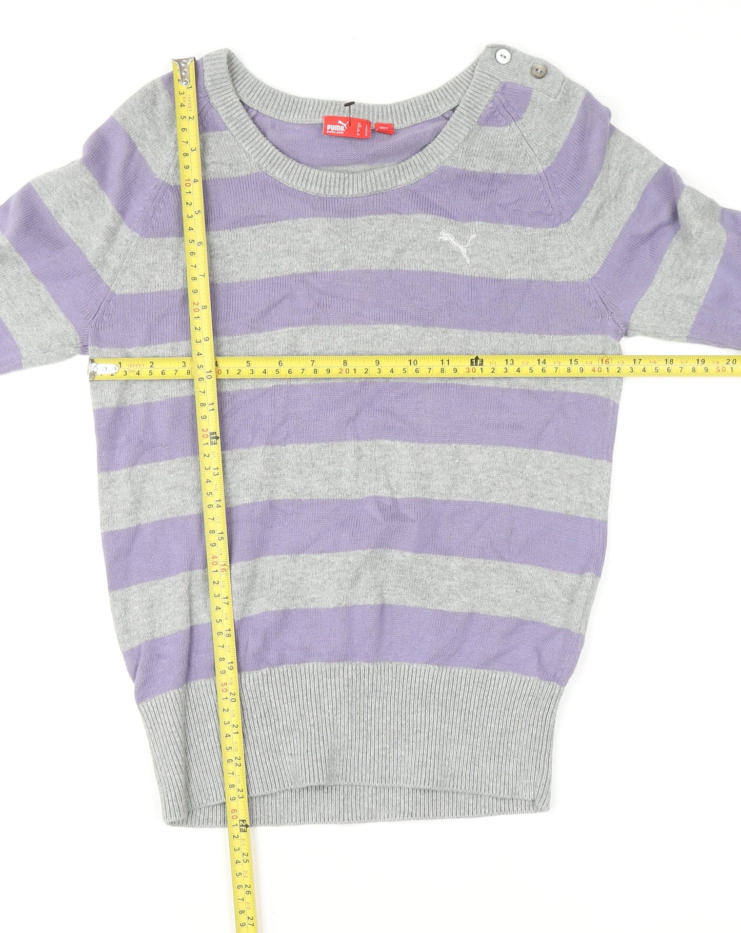 Puma Womens Grey Purple Striped Boat Neck Jumper Size 14