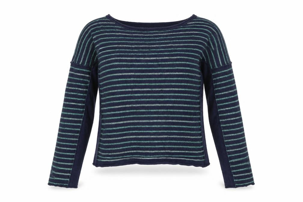 Front view of Hush women’s blue striped wool blend crew neck long sleeve jumper m