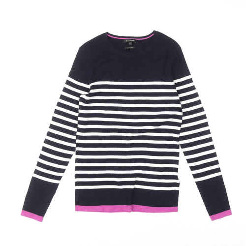 Massimo Dutti Women's Blue Striped Crew Neck Cotton Jumper Size 12