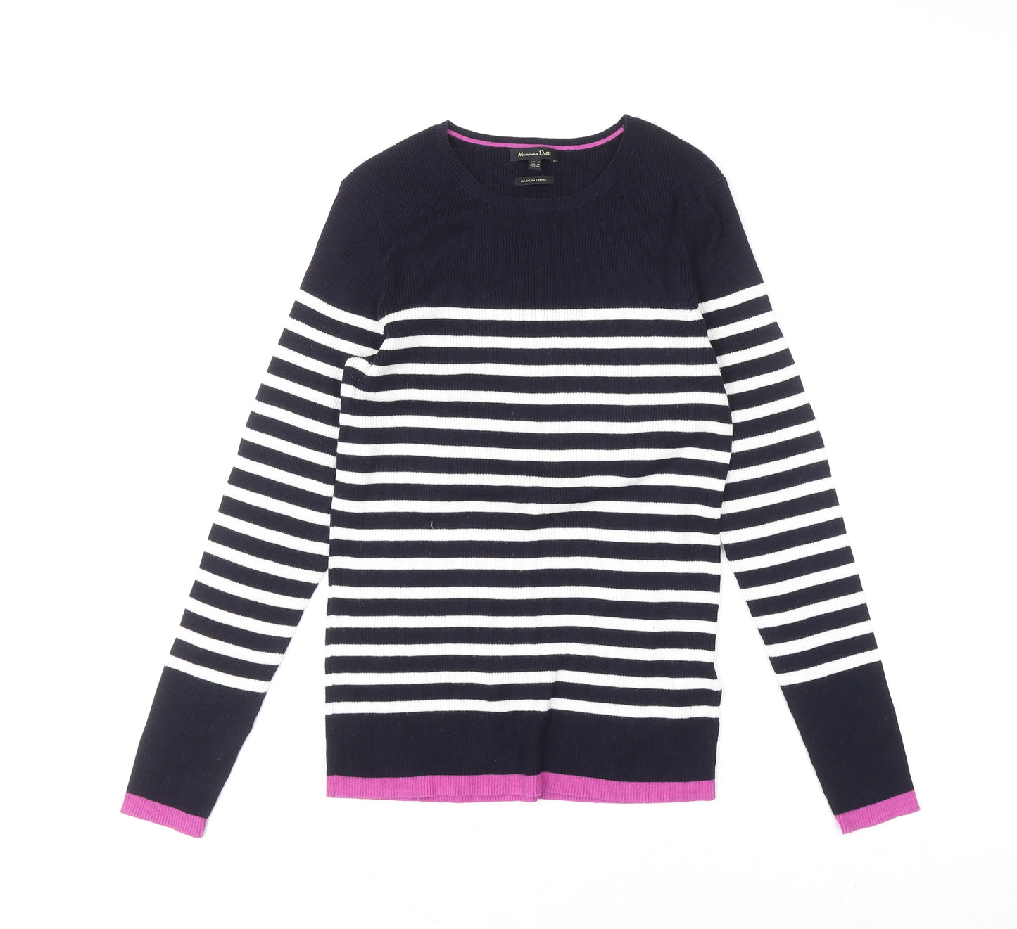 Massimo Dutti Women's Blue Striped Crew Neck Cotton Jumper Size 12