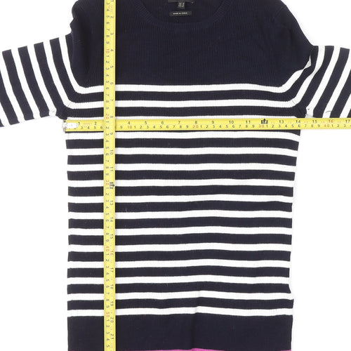 Massimo Dutti Women's Blue Striped Crew Neck Cotton Jumper Size 12