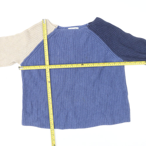 White Stuff Women's Blue Colour Block Cotton Jumper UK 8 Knit Relaxed Fit