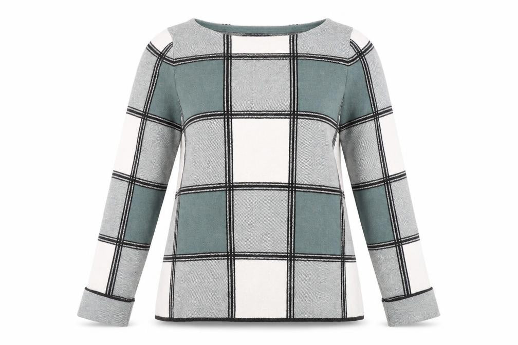 Front view of Tahari Women’s Grey Check Knit jumper, size L