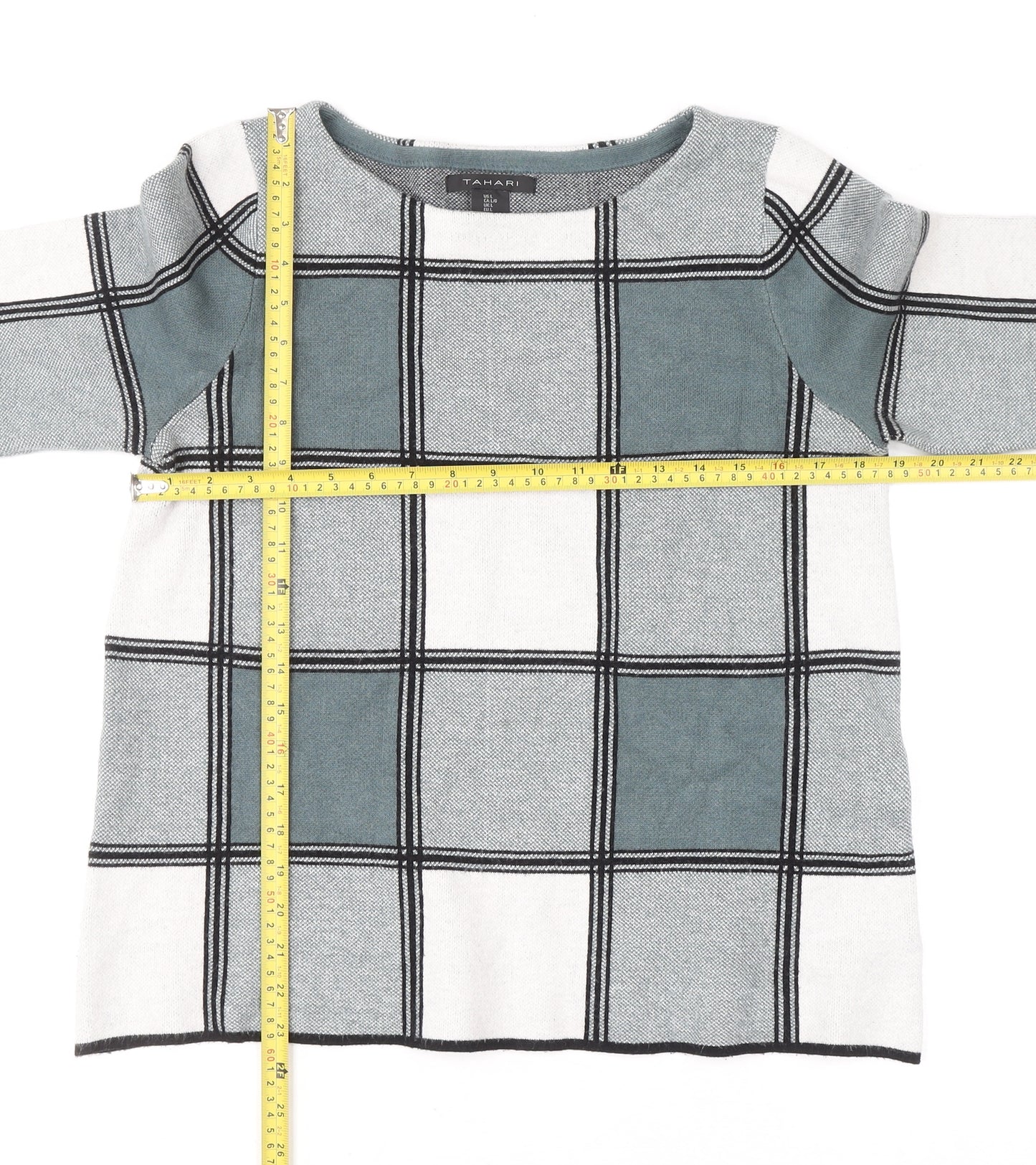 Tahari Women’s Grey Check Knit Pullover Jumper Size L
