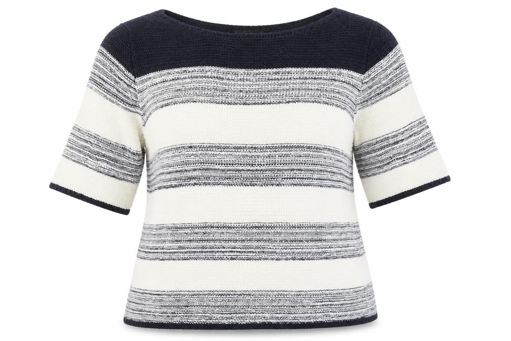 Front view of M&Co Women’s Blue Striped Knit Short Sleeve jumper, size UK 12