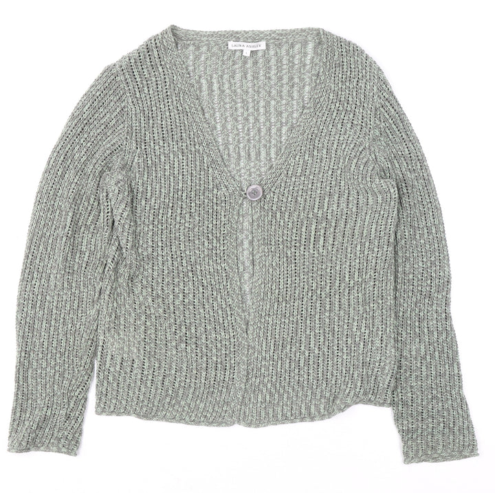 Laura Ashley Women Grey Knit Cardigan L Acrylic Cotton V-Neck