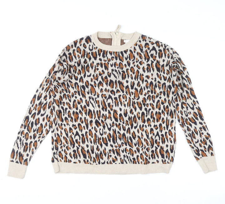 H&M Women’s Beige Leopard Print Cotton Pullover Jumper XS