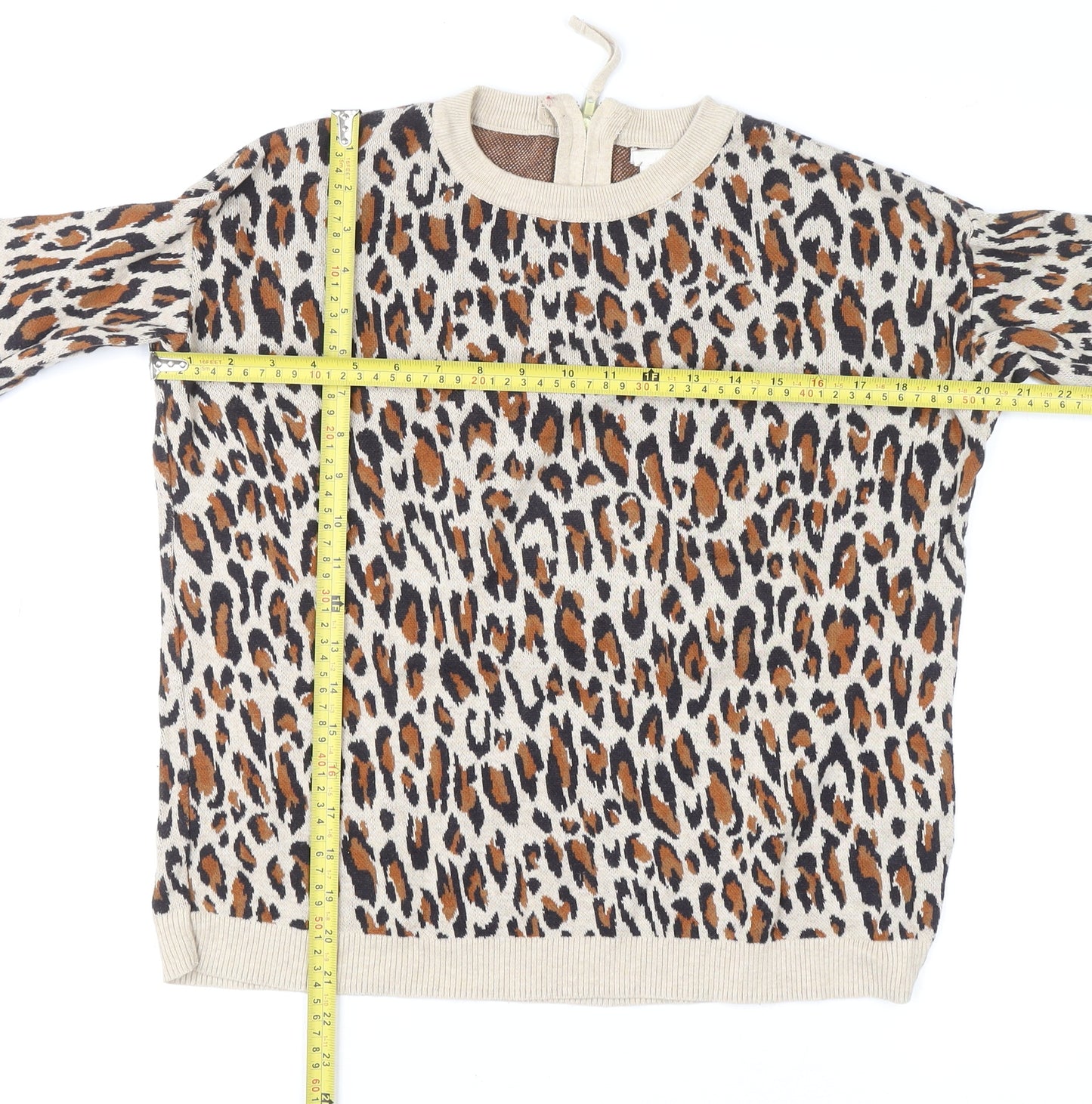H&M Women’s Beige Leopard Print Cotton Pullover Jumper XS