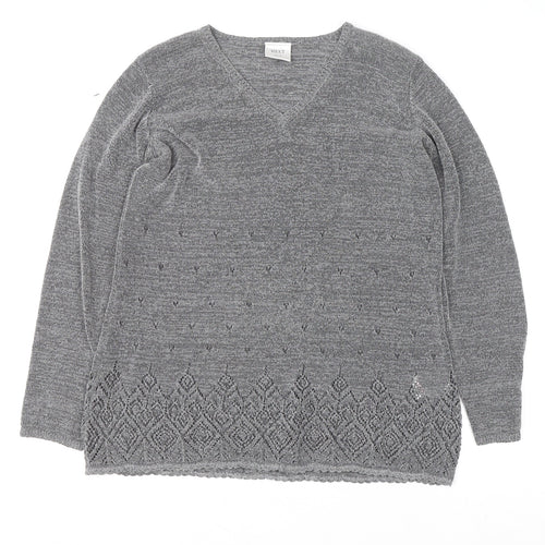 Next Women Grey V-Neck Knit Geometric Pullover Jumper M