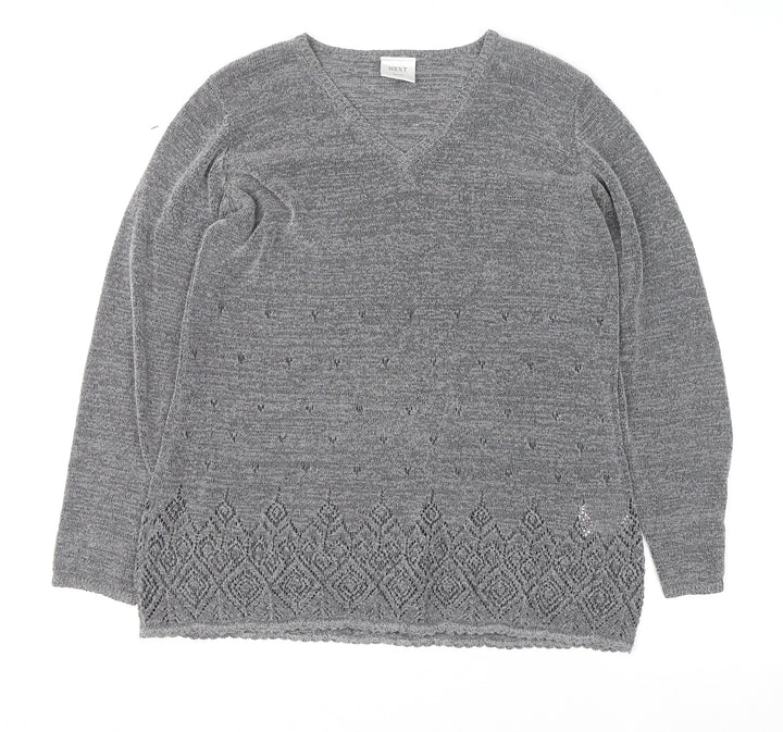 Next Women Grey V-Neck Knit Geometric Pullover Jumper M