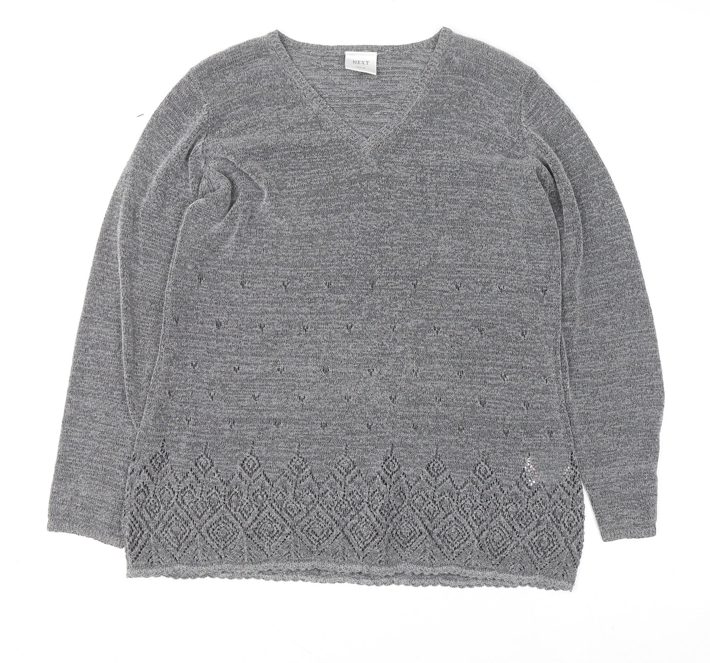 Next Women Grey V-Neck Knit Geometric Pullover Jumper M