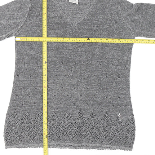 Next Women Grey V-Neck Knit Geometric Pullover Jumper M