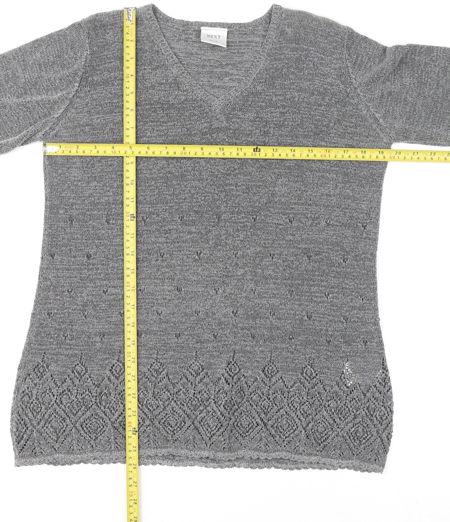 Next Women Grey V-Neck Knit Geometric Pullover Jumper M