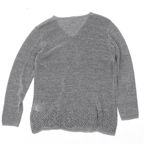 Next Women Grey V-Neck Knit Geometric Pullover Jumper M