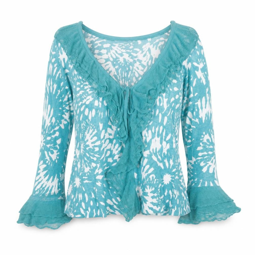 Front view of Soon Women's Blue Floral Ruffle Wrap Blouse, size 14