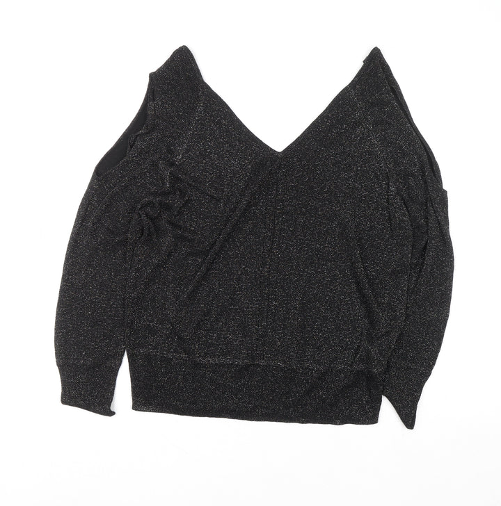 Next Women Black Size 14 Sparkle Cold Shoulder V-Neck Knit Blouse