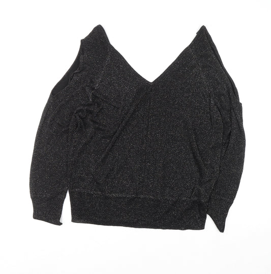 Next Women Black Size 14 Sparkle Cold Shoulder V-Neck Knit Blouse