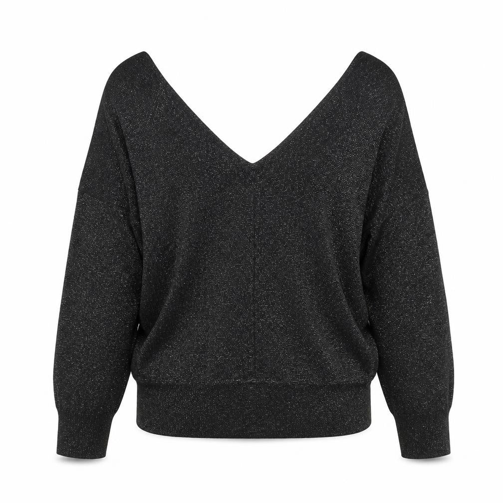 Front view of Next Women Black, size 14, Sparkle Cold Shoulder V-Neck Knit Blouse