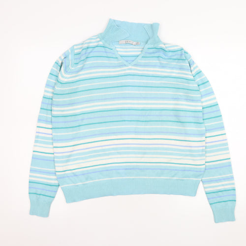 EWM Women’s Blue Striped V-Neck Acrylic Knit Jumper Size M 14-16