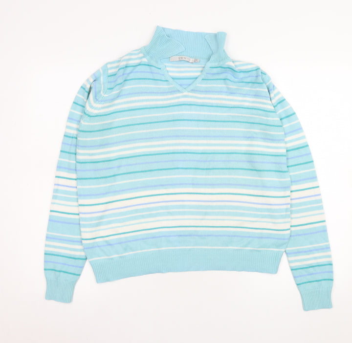 EWM Women’s Blue Striped V-Neck Acrylic Knit Jumper Size M 14-16
