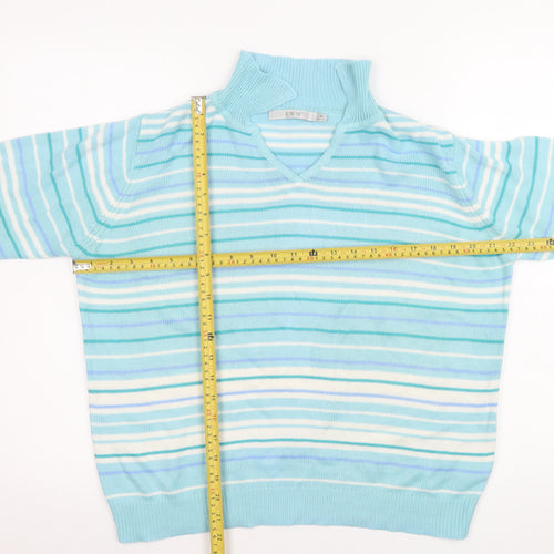 EWM Women’s Blue Striped V-Neck Acrylic Knit Jumper Size M 14-16