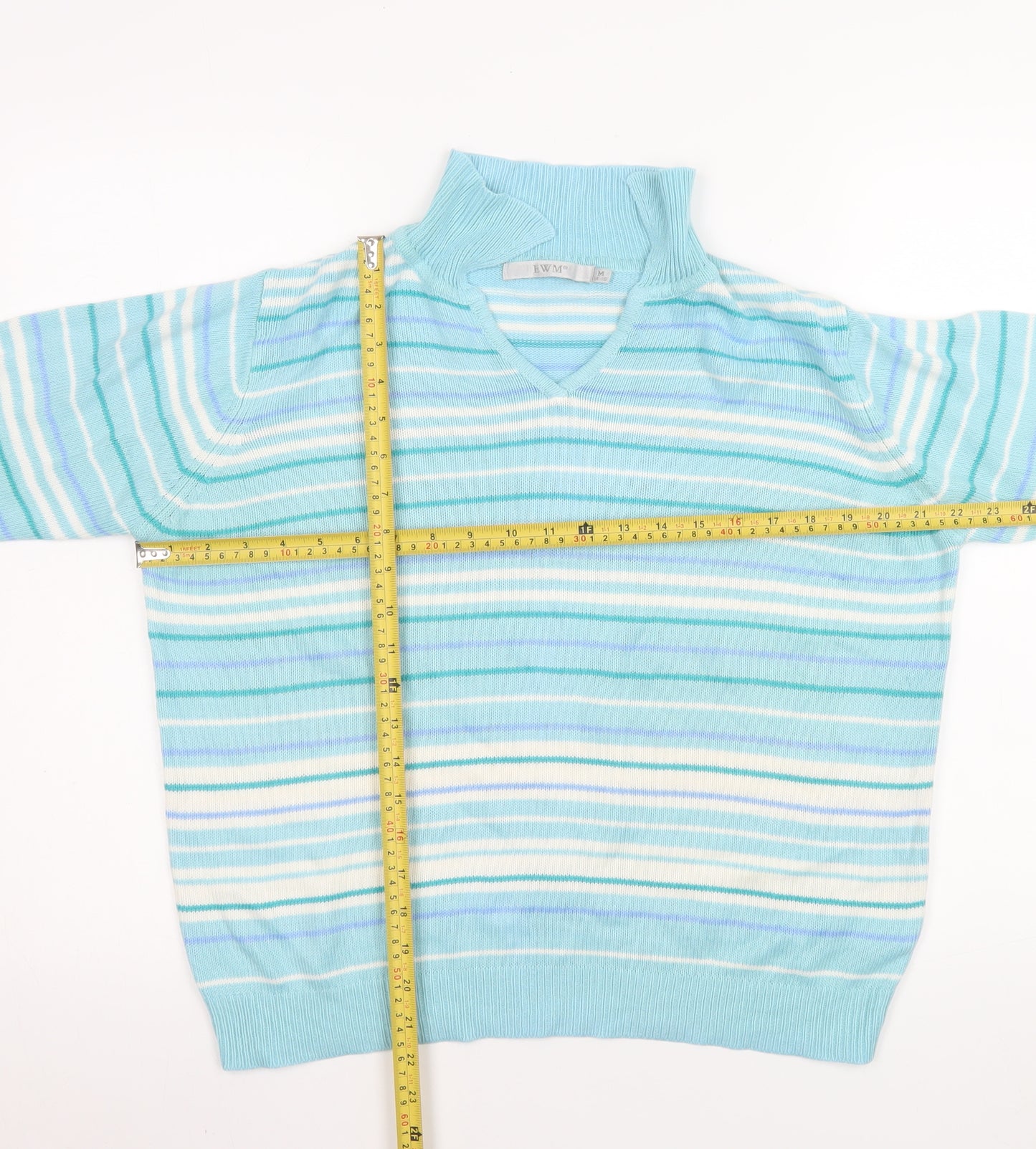 EWM Women’s Blue Striped V-Neck Acrylic Knit Jumper Size M 14-16