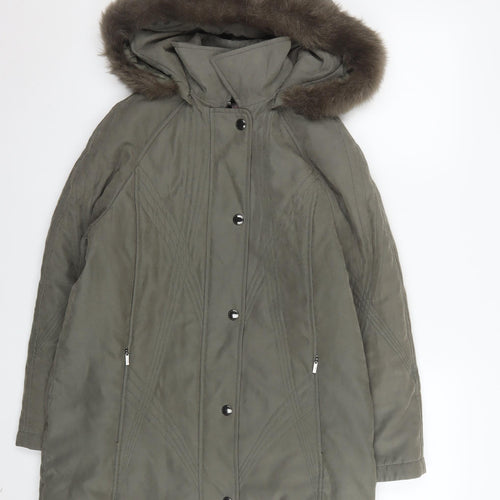 Jacques Vert Women's Green Hooded Parka Coat Size S Faux Fur Trim