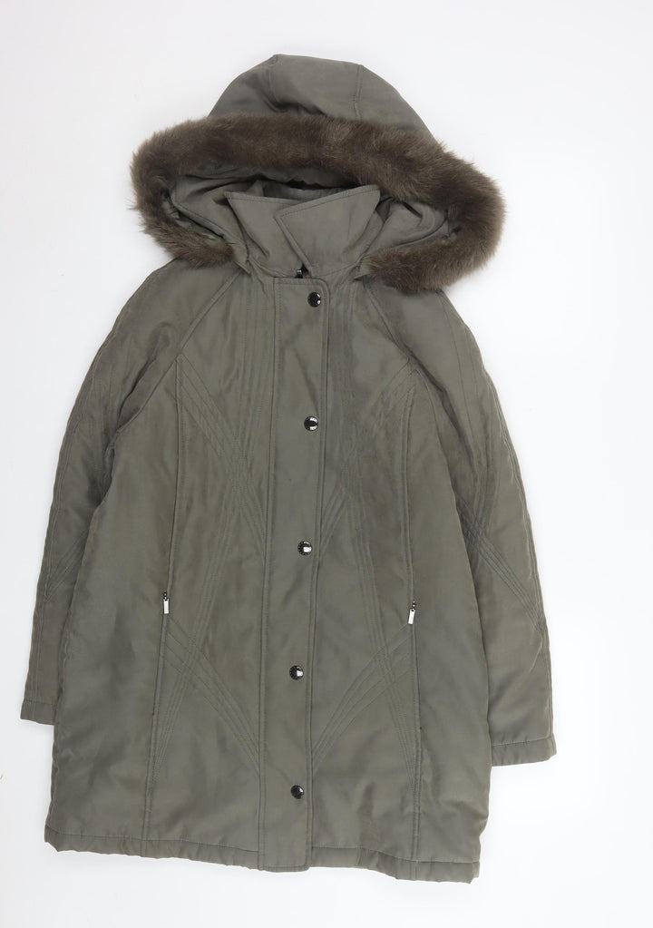Jacques Vert Women's Green Hooded Parka Coat Size S Faux Fur Trim