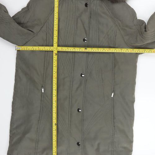 Jacques Vert Women's Green Hooded Parka Coat Size S Faux Fur Trim