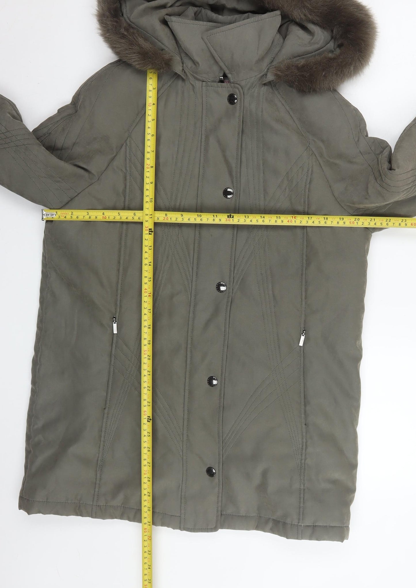 Jacques Vert Women's Green Hooded Parka Coat Size S Faux Fur Trim