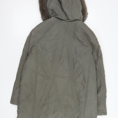 Jacques Vert Women's Green Hooded Parka Coat Size S Faux Fur Trim