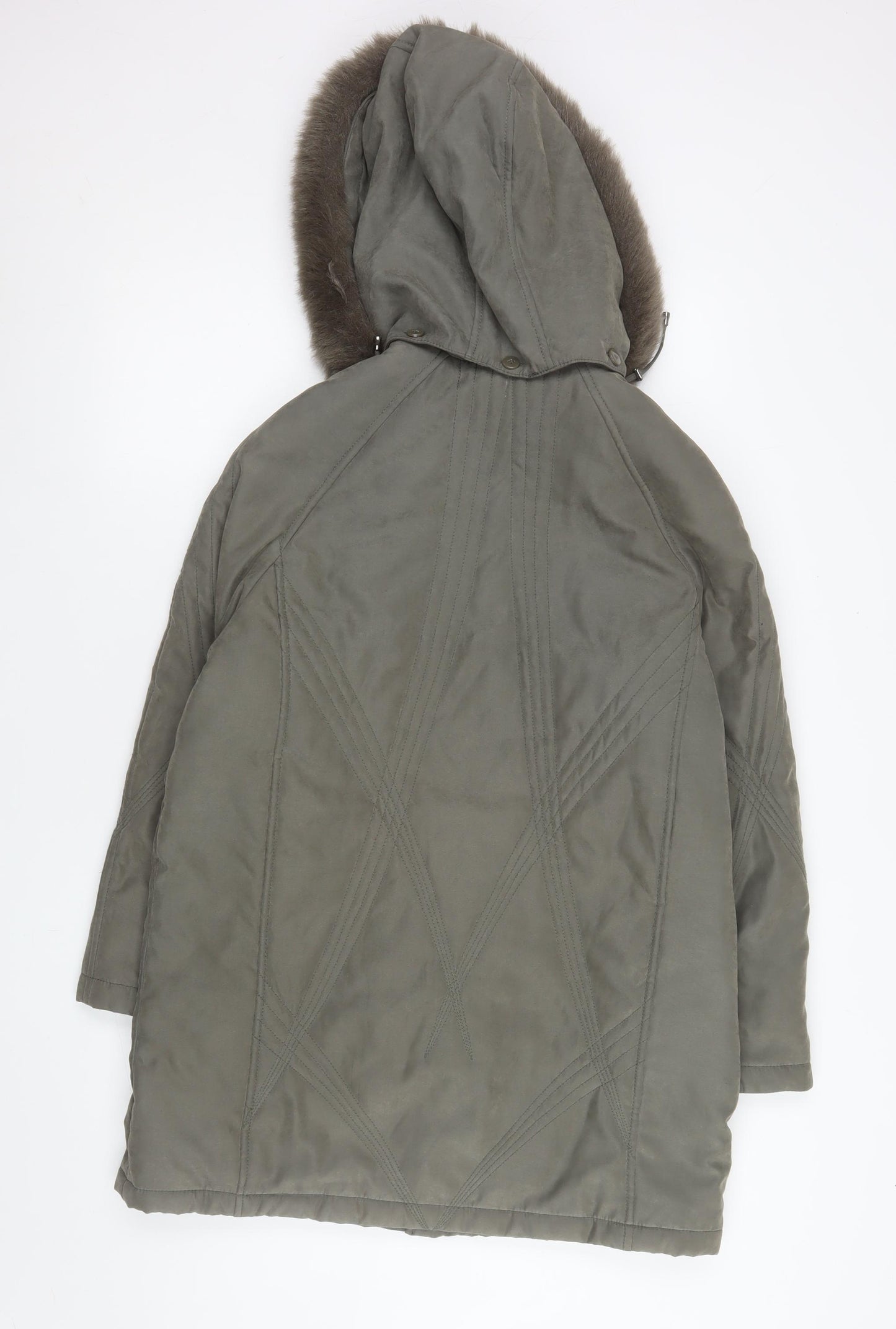 Jacques Vert Women's Green Hooded Parka Coat Size S Faux Fur Trim