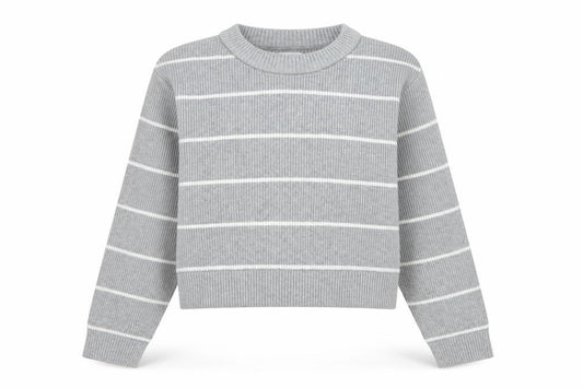 Front view of Zara girls’ grey striped knit jumper, size 11-12, years