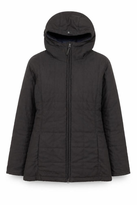 Front view of Columbia Women’s Brown Hooded Mid-Length Puffer Jacket M