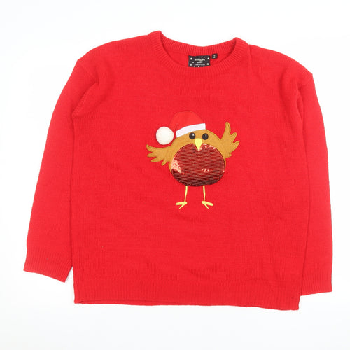 Brave Soul Women’s Red Christmas Jumper Size 14 Robin Sequin Knit