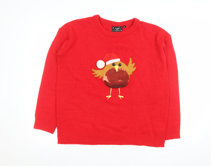 Brave Soul Women’s Red Christmas Jumper Size 14 Robin Sequin Knit