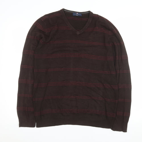 Marks and Spencer Men’s Brown Striped V-Neck Jumper Size L