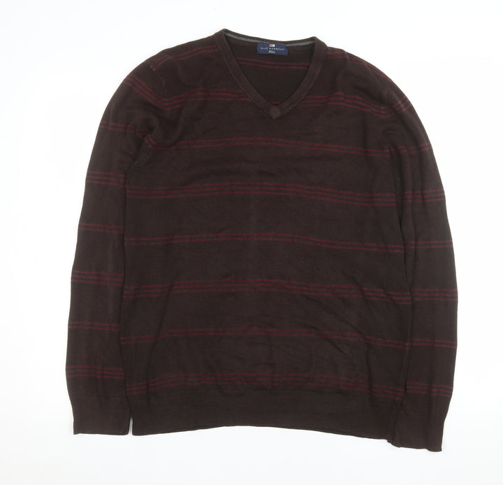 Marks and Spencer Men’s Brown Striped V-Neck Jumper Size L