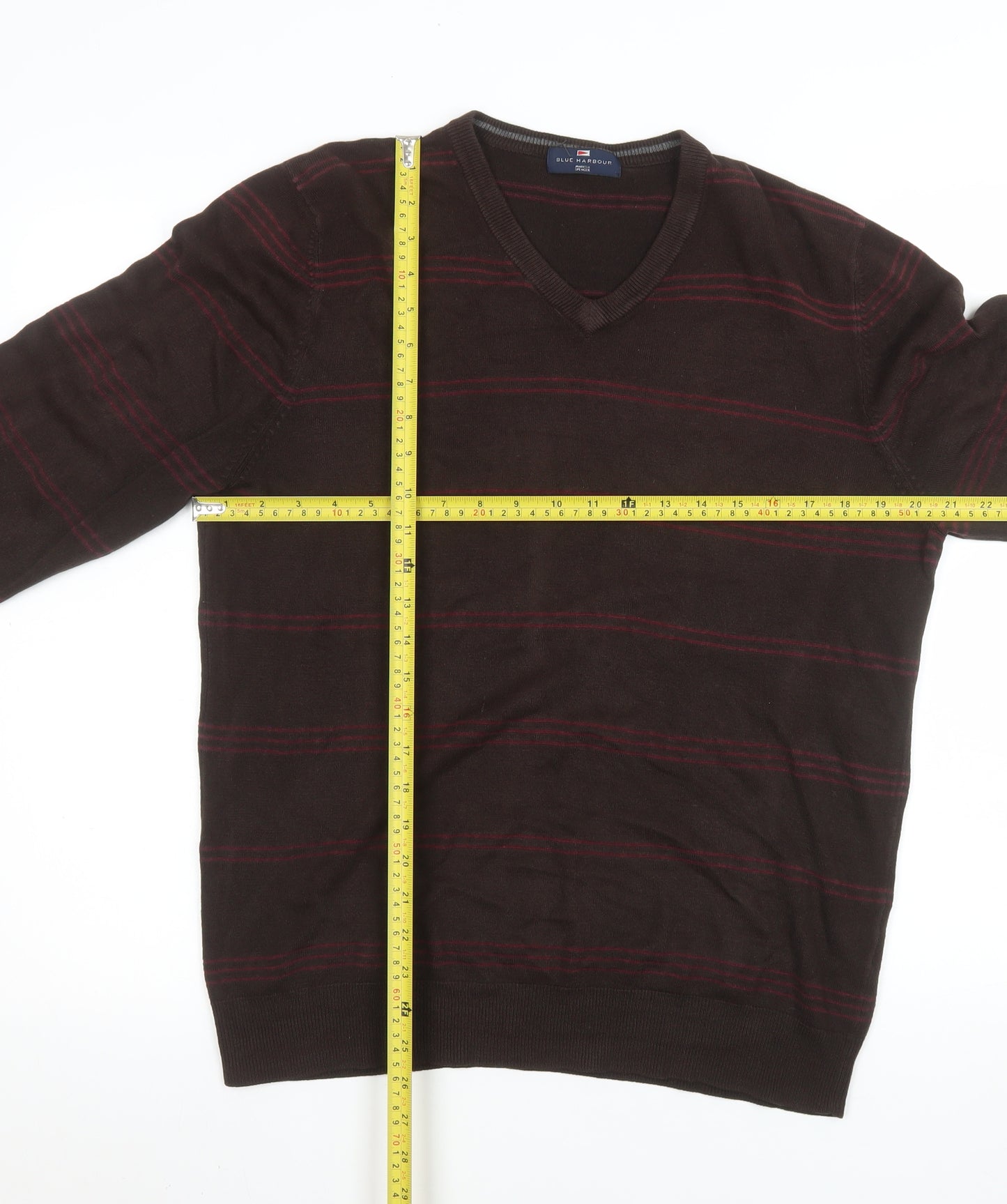 Marks and Spencer Men’s Brown Striped V-Neck Jumper Size L