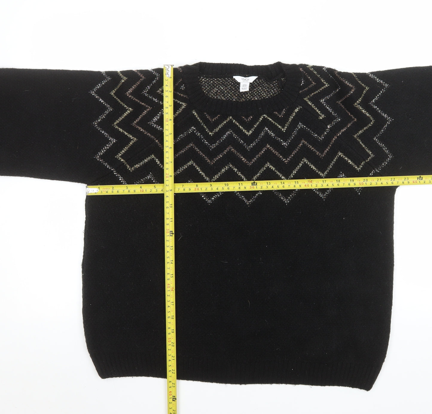 M&Co Women’s Black Metallic Zigzag Knit Petite Jumper Size 16