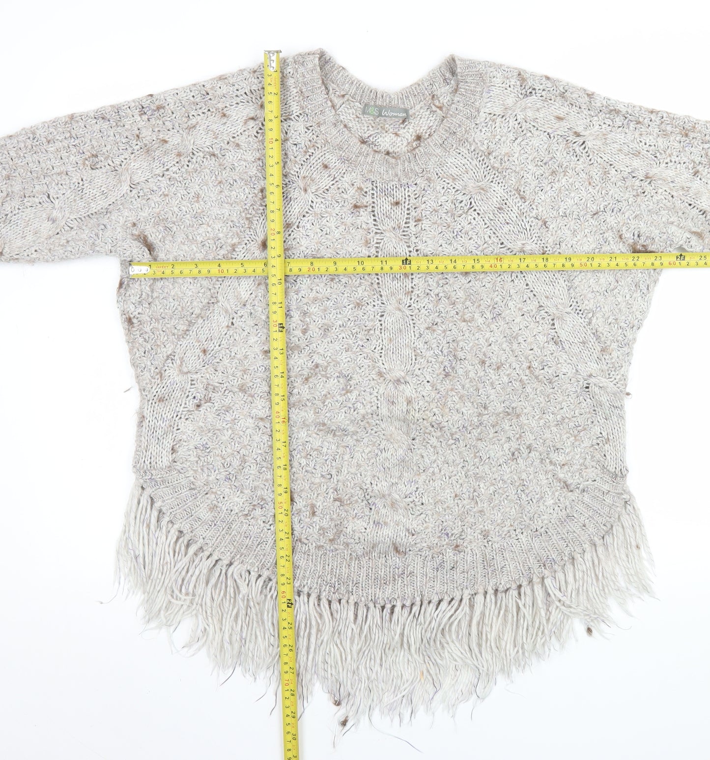 Marks and Spencer Women Beige Fringe Cable Knit Jumper Size 14