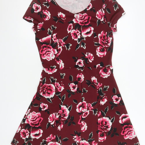 H&M Divided Women’s Red Floral Fit & Flare Dress Size 12 Short Sleeve
