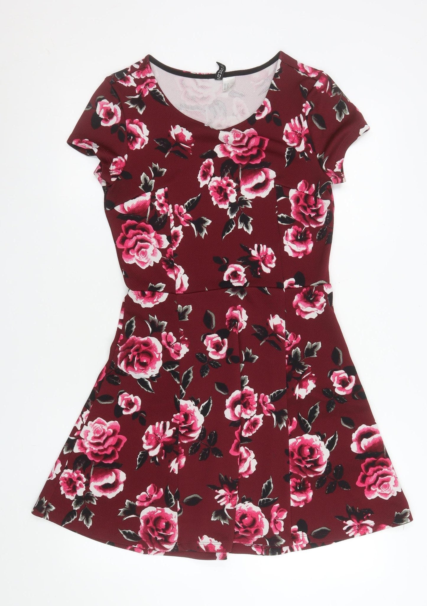H&M Divided Women’s Red Floral Fit & Flare Dress Size 12 Short Sleeve