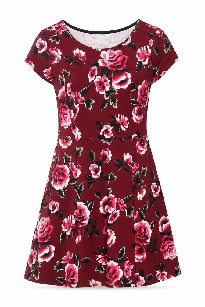 H&M Divided Women’s Red Floral Fit & Flare Dress Size 12 Short Sleeve