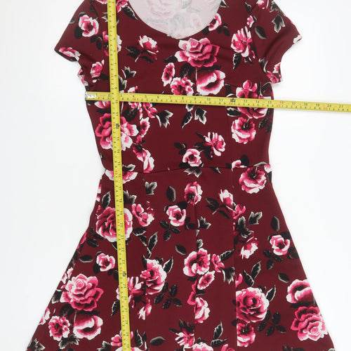 H&M Divided Women’s Red Floral Fit & Flare Dress Size 12 Short Sleeve