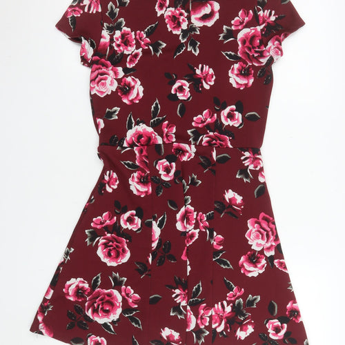 H&M Divided Women’s Red Floral Fit & Flare Dress Size 12 Short Sleeve