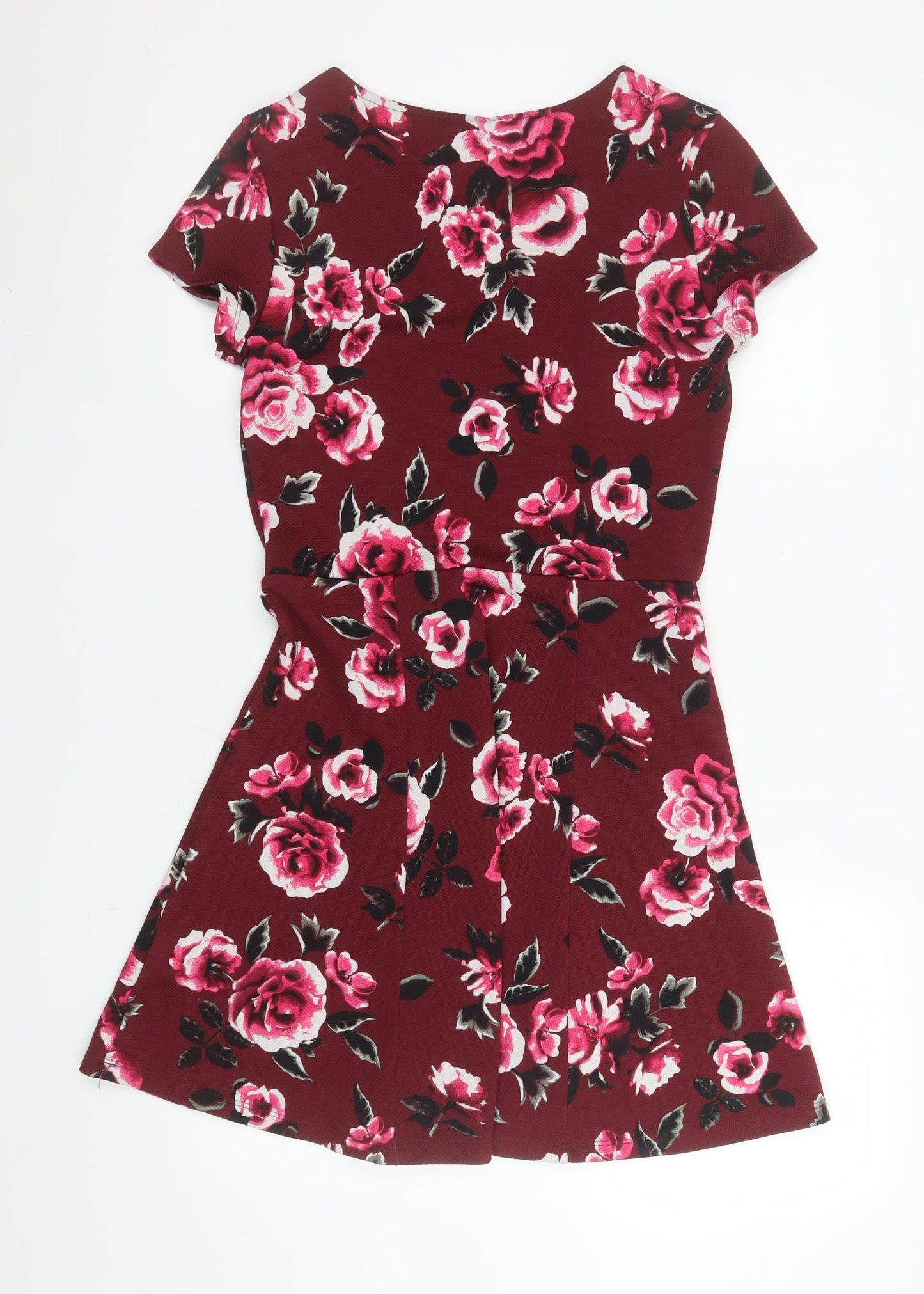H&M Divided Women’s Red Floral Fit & Flare Dress Size 12 Short Sleeve