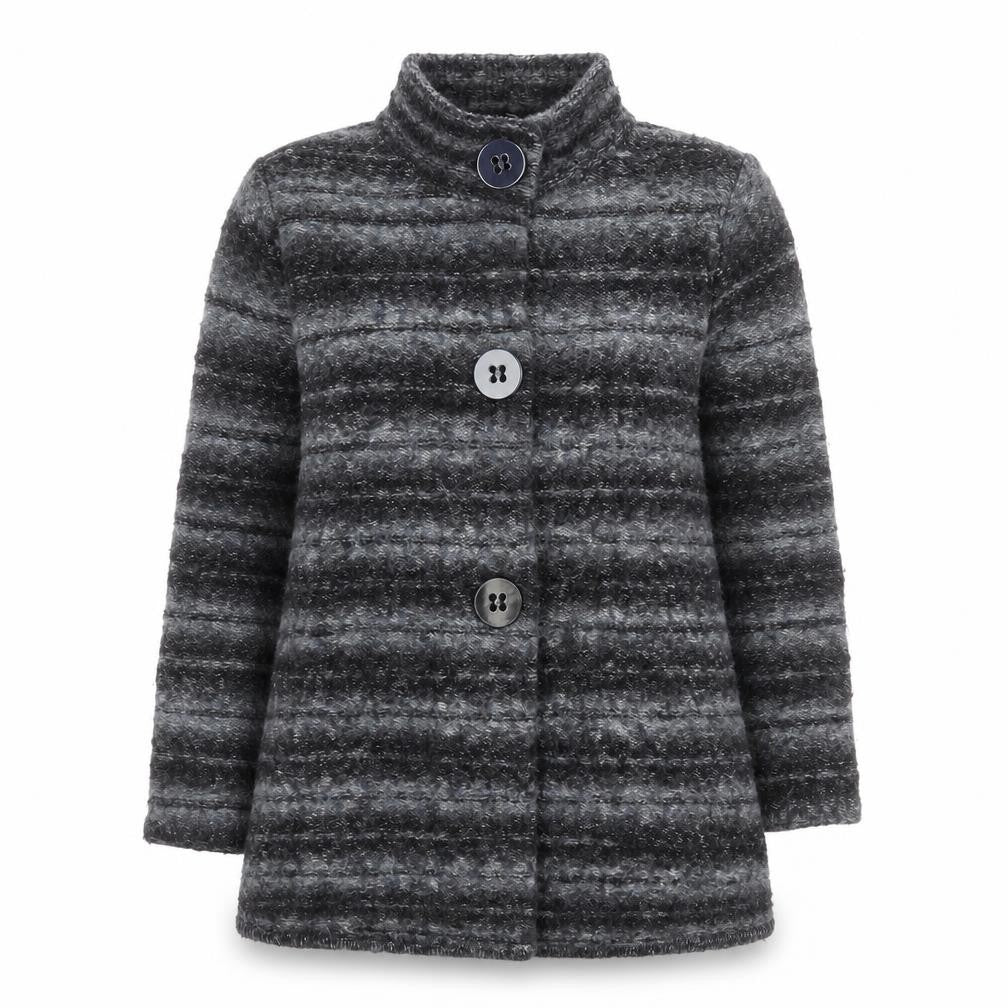 Front view of Country Casuals Women’s Grey Striped Knit Coatigan L Long Sleeve Buttoned Jacket