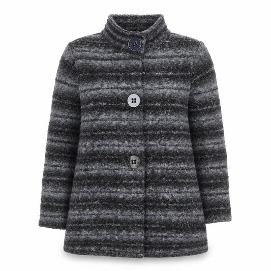 Front view of Country Casuals Women’s Grey Striped Knit Coatigan L Long Sleeve Buttoned Jacket