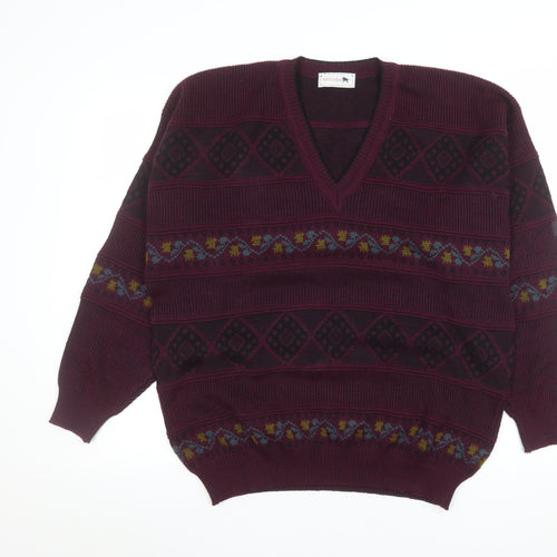 Maremma Men’s Red Wool Blend Geometric V-Neck Jumper L